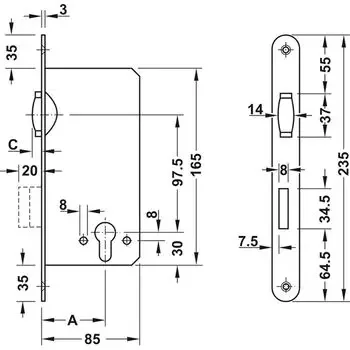 HAFELE LOCK BODY ROLLER LK 85MM DISTANCE 45MM BKST SS MT HAFELE | Model: 911.24.008