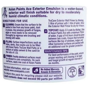 ASIAN PAINTS ACE EXTERIOR EMULSION WHITE 4LTR ASIAN PAINTS | Model: 00510908240