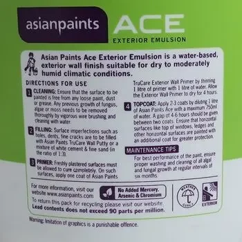 ASIAN PAINTS ACE EXTERIOR EMULSION ULTRA WHITE 20LTR ASIAN PAINTS | Model: 00510908320