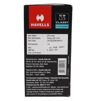 HAVELLS CLASSY LED 3 STAR COOL DAY LIGHT B22 15W HAVELLS | Model: LHLDEUEEML8R015