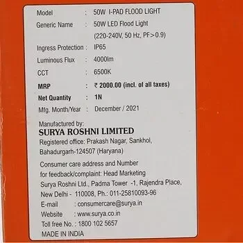 SURYA I-PAD LED FLOOD LIGHT COOL DAY LIGHT 50W SURYA | Model: 938451270101201